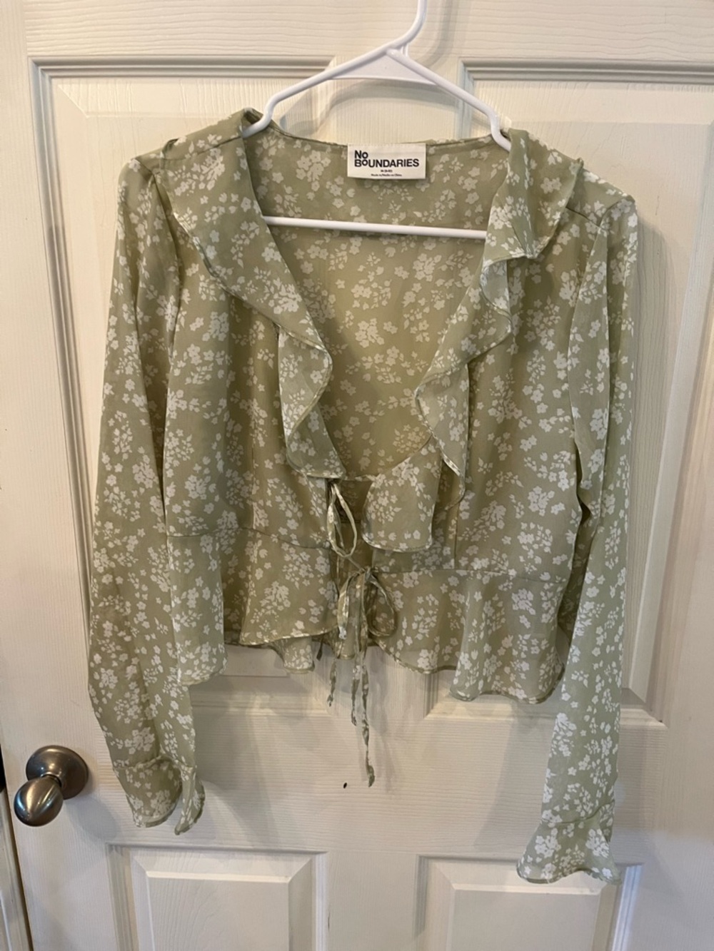 No Boundaries Sage Green Romantic Floral Ruffle Tie-Front Blouse, Medium